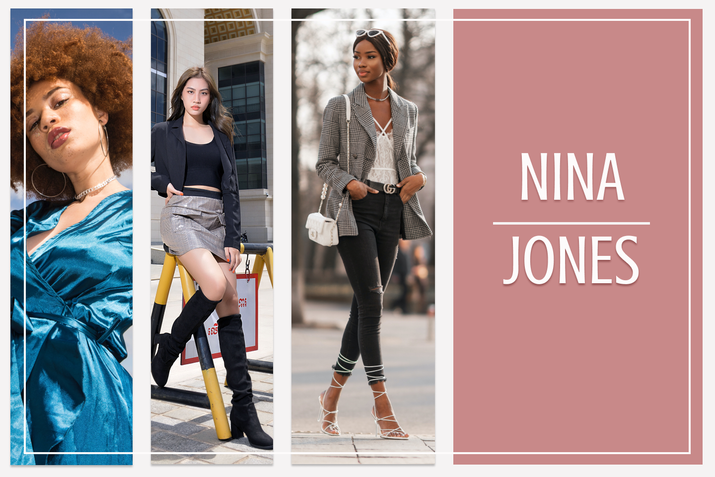 Nina Jones thumbnail with three images of women in fashionable clothing on the left and the text Nina Jones on the right with a pink background.